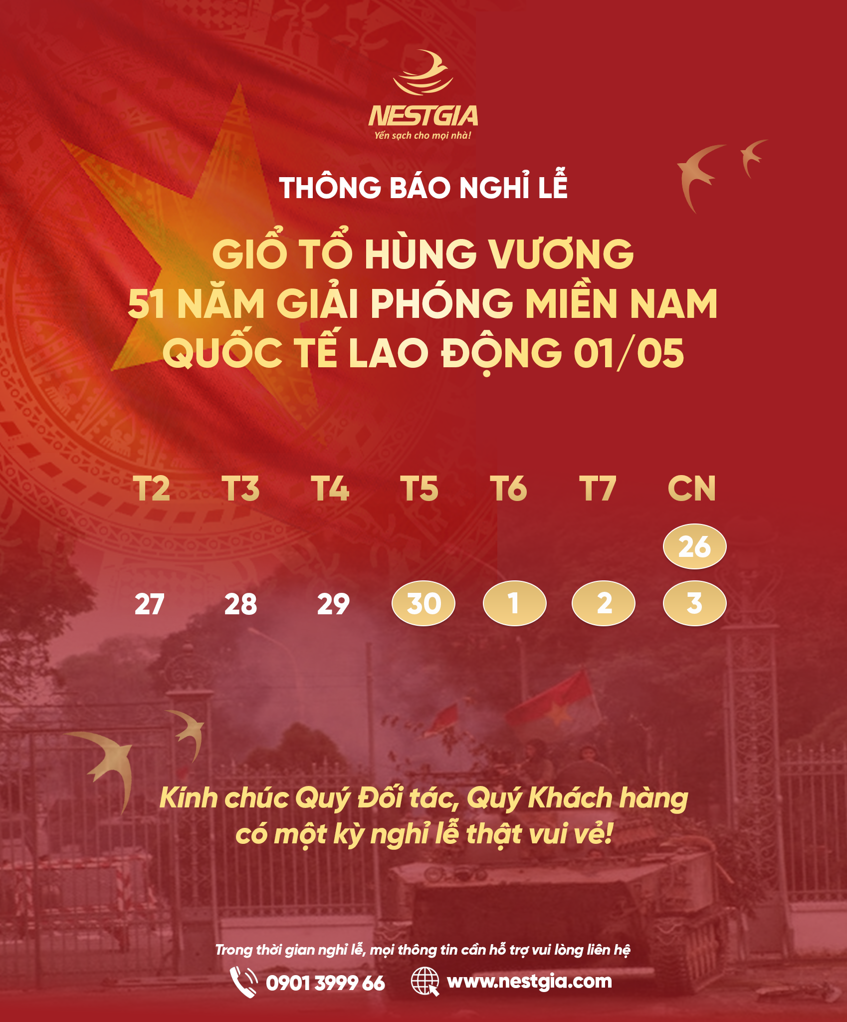 Lịch nghỉ lễ Giỗ tổ Hùng Vương, 30/04 và 1/5 của Nestgia